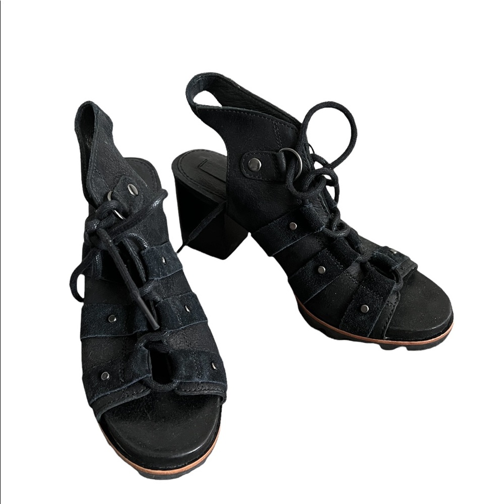 SOREL ADDINGTON Black Leather Lace up Studded High Heel Sandals